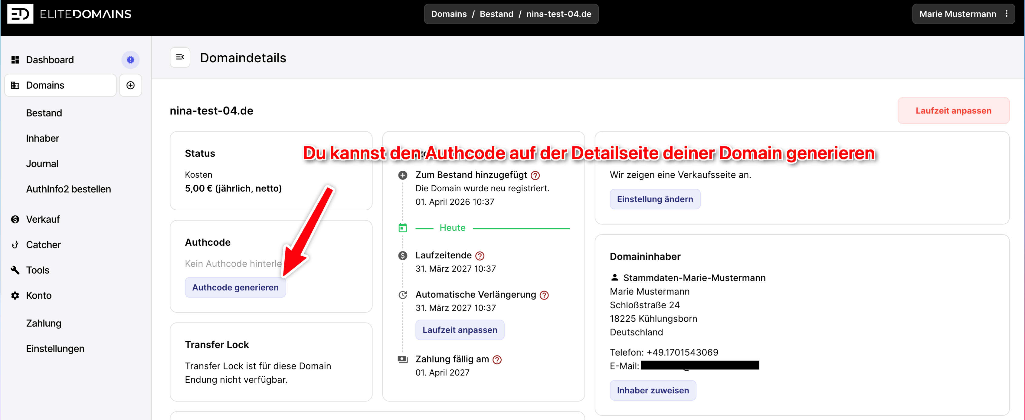 Der Authcode auf der Domain-Detailseite