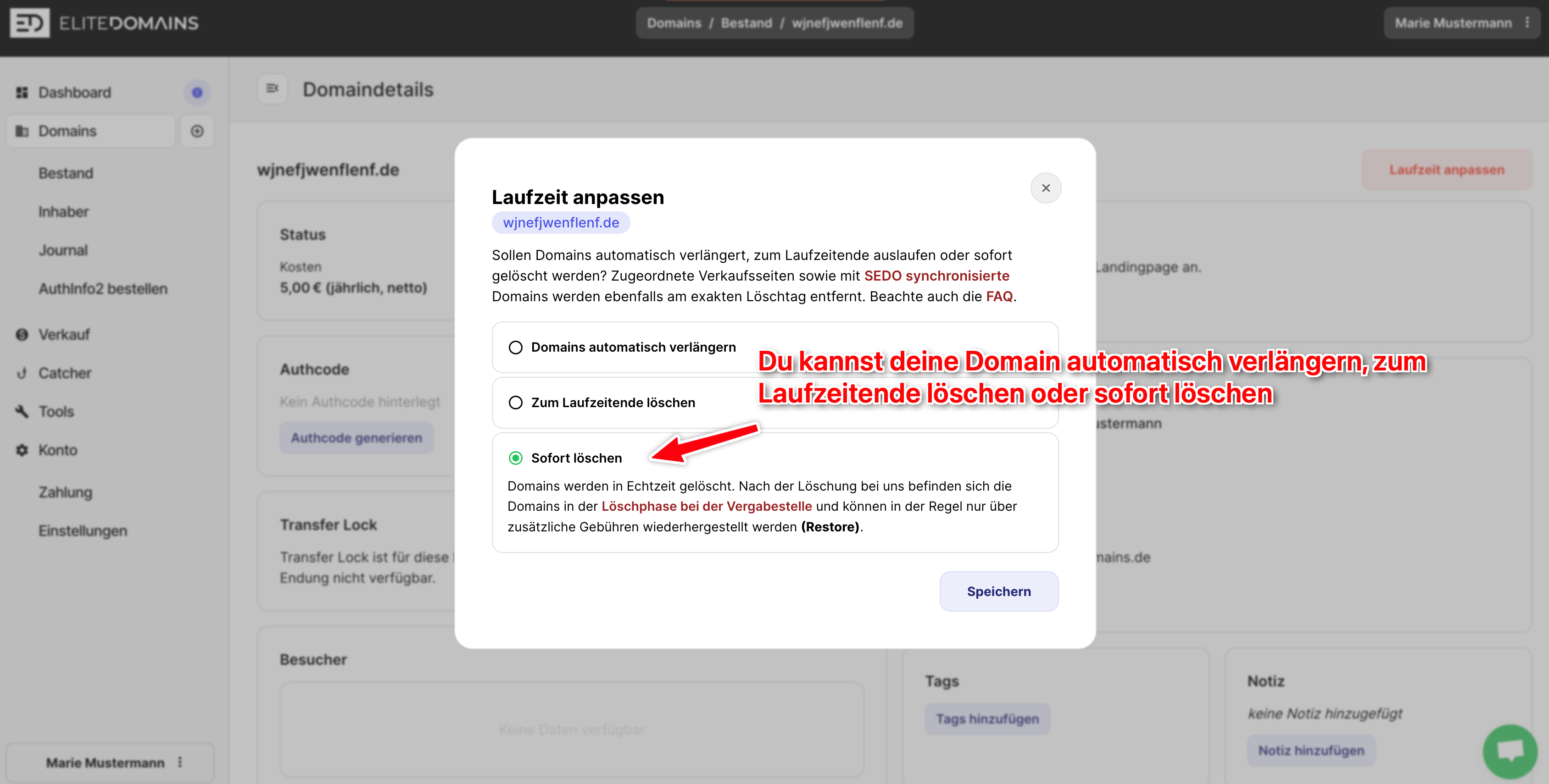 Domain löschen - Single Delete