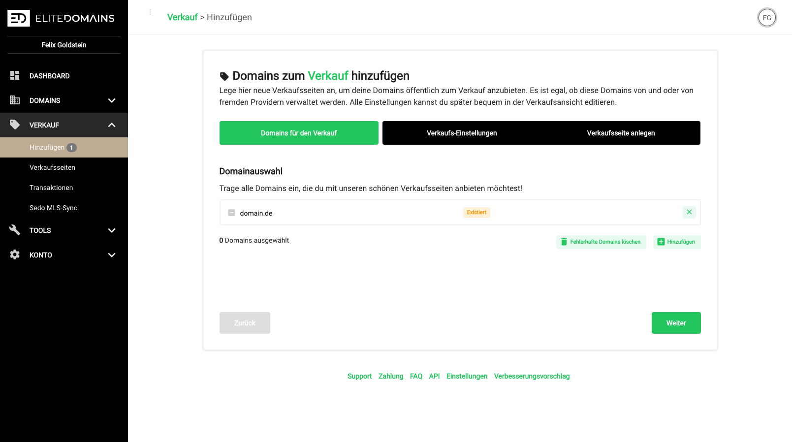 Screenshot des Domain-Bestandes aus der App
